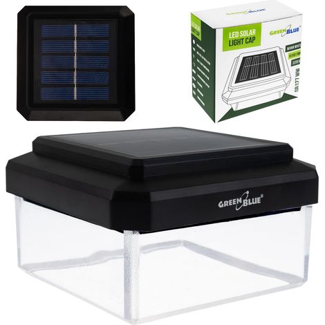 GREENBLUE LAMPE SOLAIRE LED POUR POTEAU 100X100 MM, NOIR, PLASTIQUE, BLANC CHAUD 3200K, 8 LUMENS, CAPTEUR CRÉPUSCULAIRE, GB128 W