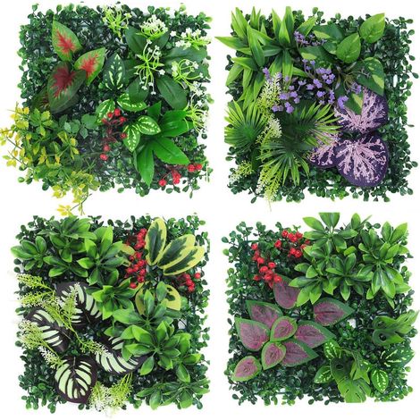 Mur de plantes d'extérieur - Lot de 4 plantes artificielles - 25 x 25 cm - Décoration pour mur, balcon et jardin (hybride 09) (1/5)
