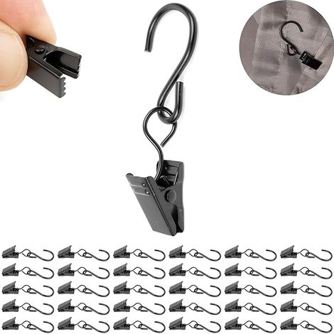 Pinces à Rideau avec Crochet en S, 30 pièces, en Couleur Noir, Crochets avec Pince Polyvalente pour Rideaux avec Crochet Coulissant, Supports guirlandes Lumineuses, Attaches décoratives, Clip Rideau (1/5)