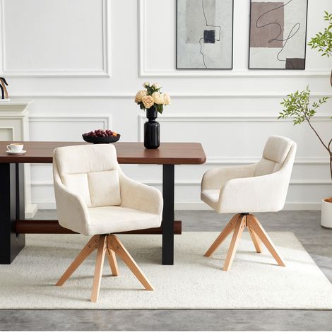 Set 2 sedie da pranzo girevoli in velluto strutturato bianco con gambe in legno massiccio,45×43×87cm (1/5)