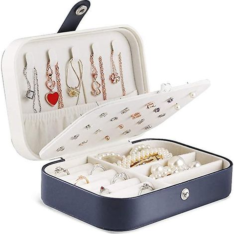 (bleu Et Blanc) 16 X 11 X 5 Cm Bote Bijoux, Organisateur De Bijoux De Voyage Pour Femmes Filles Petit Organisateur De Bijoux Pour Bagues, Boucles (1/5)