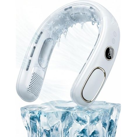 Ventilateur Portable de Cou,Refroidissement Semi-Conducteur, Affichage LED, Ventilateur Sans Pales Silencieux 360° pour Sport,Bureau,(Blanc) (1/5)