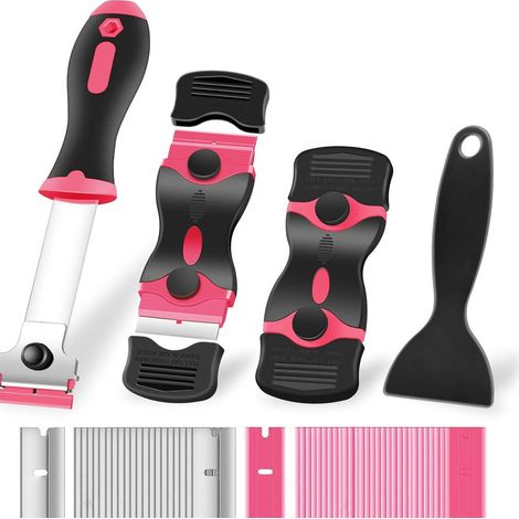 Set di raschietti, strumento multifunzionale per la pulizia di vetri, piani cottura, adesivi, vernice e gomme da masticare (rosa)