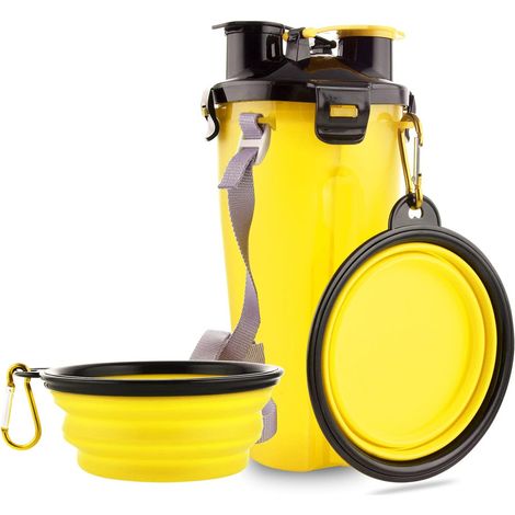 Dog Water Bottle with 2 Collapsible Bowls Portable 2 in 1 Water Bottle and Food for Dogs Cat Pets, Travel Bottle for Walking, Exercising, Hiking, Camping (Yellow)