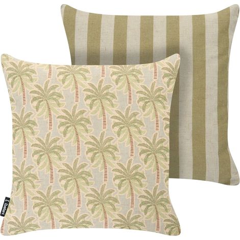 Lot de 2 Coussins d'Extérieur en Polyester et Lin Accessoires Décoratifs de Jardin Beige et Vert Calia (1/5)