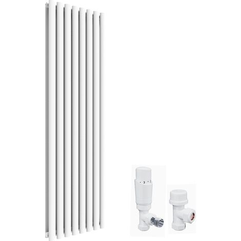 ELEGANT 1600 x 480mm Vertical Column Radiator White Oval Double Panel Designer Radiator Heater + White Thermostatic Radiator Valves (1/5)