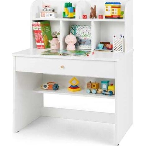 Bureau d'étude enfant blanc en bois avec casier à 5 compartiments, tiroir et étagère de rangement pour chambre, école et loisirs (1/5)