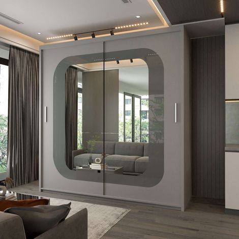 Modern Chelsea 2 Sliding Door Wardrobes with Mirror - Grey/Black 150cm