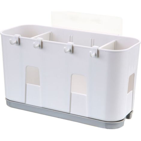 Porte-ustensiles mural sans trace pour évier – Panier à couverts (couteaux, fourchettes, cuillères) avec évacuation d’eau intégrée – Support de rangement compact et moderne pour cuisine (1/5)