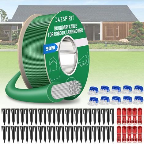 DazSpirit 50m Cable Robot Tondeuse + 50 Piquets + 10 Connecteurs de Câble + 10 Bornes de Connexion, Tondeuse Gazon Fil Périphérique Compatible avec Gardena Bosch Husqvarna Worx Honda Robomow etc (1/5)
