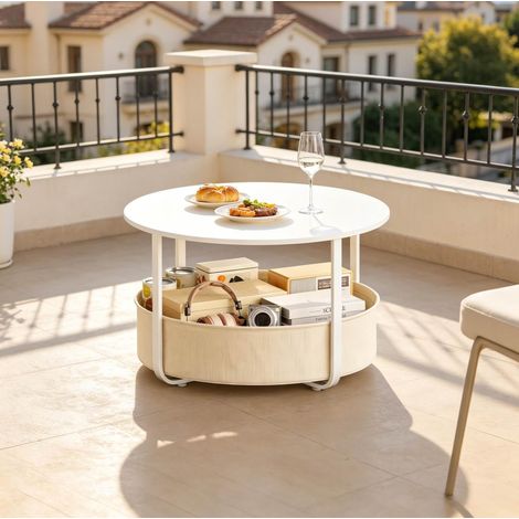 Tavolino rotondo 80x80x50 cm, con cestello rimovibile, piano antigraffio, metallo e canvas beige bianco (1/5)