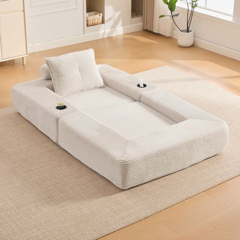 Sofá cama plegable 122x98x80 cm beige con portavasos y bolsillo lateral, pana MEUBLIV (1/5)