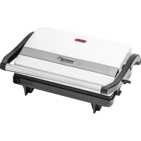 Bestron Piastra Tostapane, Griglia per panini con vassoio di raccolta, macchina per panini con impugnatura cool-touch e rivestimento antiaderente, 700 watt, Colore: Bianco (1/5)