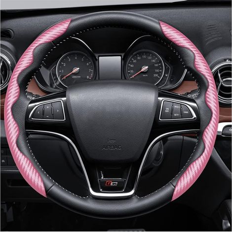 Housse de Volant Antidérapante en Fibre de Carbone pour Voiture, Couvre Volant Voiture Universel, Housse Volant Voiture Pro en Fibre de Carbone, Antidérapant et Respirant(Rose) (1/5)