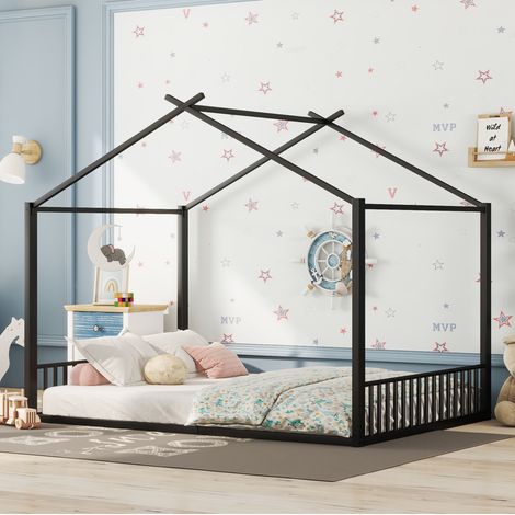 Cama infantil tipo casita de metal negra 140x200 cm, fácil de montar, sin colchón FloraGrace (1/5)
