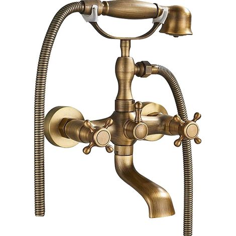 Robinet de baignoire avec douche, double boutons, douchette, Laiton antique A (1/2)