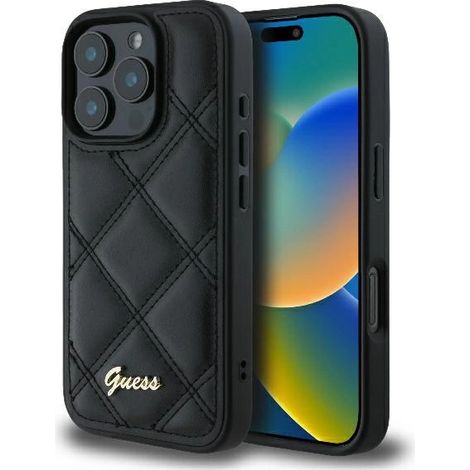 Guess GUHCP16LPSQSQSK iPhone 16 Pro 6,3 Zoll schwarze/schwarze Hartschalen-Hülle mit gestepptem Metalllogo (1/5)