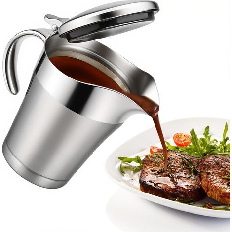 Saucière en Acier Inoxydable: 450ml Saucière en Aacier Inoxydable à Double Paroi avec Couvercle, Pichets à Sauce, Isotherme à Double Paroi pour Sauce à la Vanille, Crème, Mayonnaise, Lait (1/5)