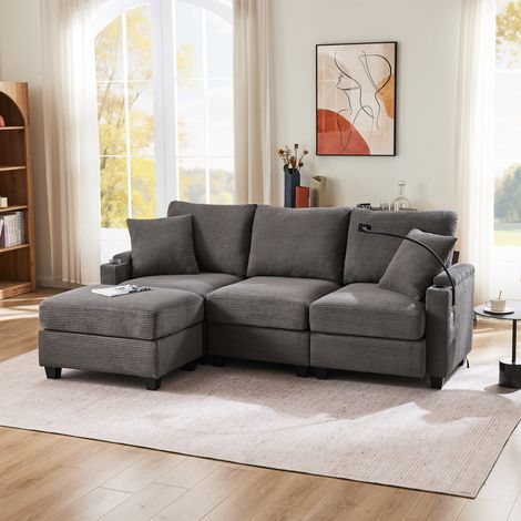 Canapé d'Angle Modulable 3 Places 213,5x139x87 cm, Pouf Mobile, USB, Porte-Gobelet, Support Téléphone, Velours Côtelé Gris foncé (1/5)