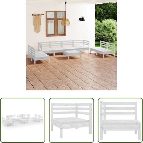 vidaXL Bois de pin - Salon de jardin 9 pcs Blanc Bois de pin massif (1/5)