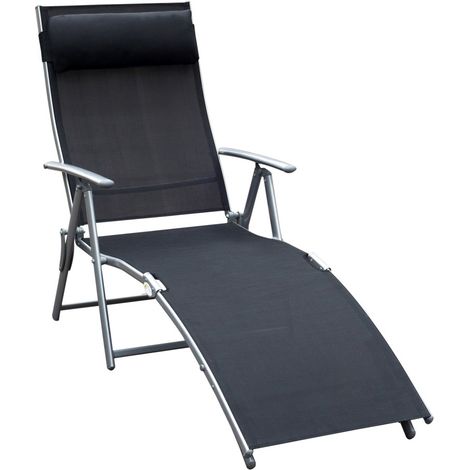 Transat & chilienne pliable-avec coussin-métal et tissu noir-plage et terrasse-178x63,5x100,5cm (1/5)