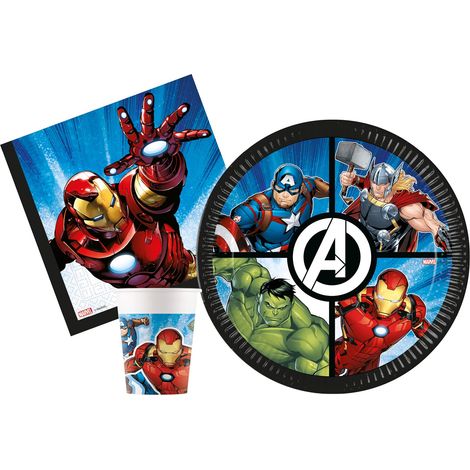 Ciao Kit Party Tavola Marvel Avengers Evergreen per 8 persone (36 pezzi: 8 piatti Ø23cm, 8 bicchieri 200ml, 20 tovaglioli 33x33cm) in carta FSC compostabile eco-friendly (1/2)