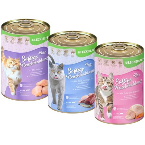18 x 400 g de Lecker.Pet® Balu's, Emily's & Leo's Repas de viande juteuse Nourriture pour chats Mix humide Nourriture complète - 6 boîtes de chaque sorte (1/5)