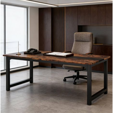 REDOM - Tavolo da pranzo 160x80x75 cm, ampia superficie di lavoro, spazio per le gambe, metallo e legno, nero e marrone rustico (1/5)