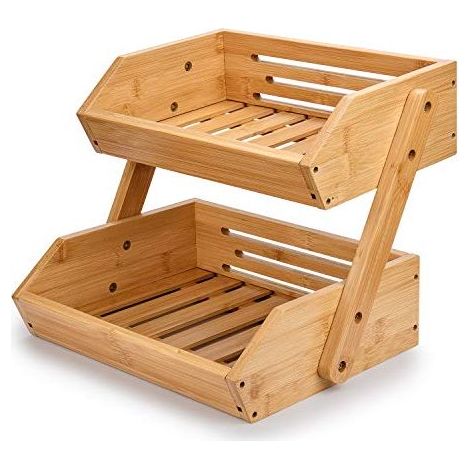 Étagère à Fruits en Bambou à 2 Niveaux, Panier de Rangement pour Cuisine, Support Naturel pour Légumes et Pain (1/4)