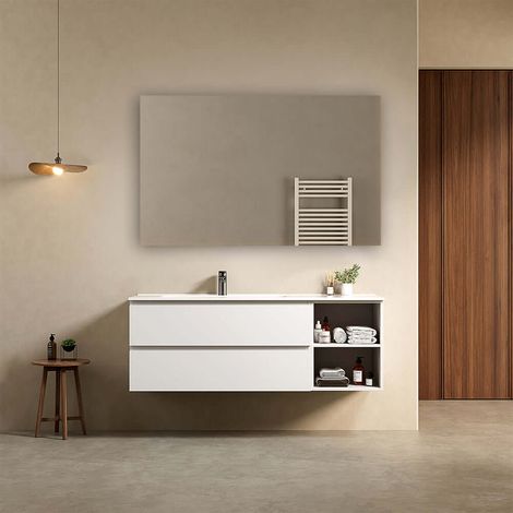 Mobile bagno sospeso 140 cm Bianco Lavabo a Sinistra in Resina Specchio Quadro - Fiji Paint Plus (1/4)
