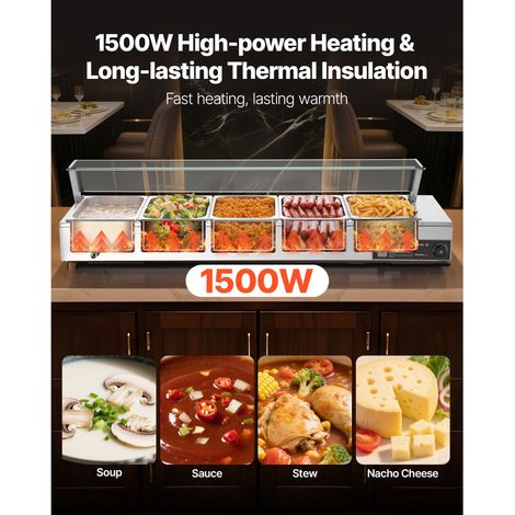 Bain marie pro 1500W inox chauffant vapeur vitré, buffet comptoir avec 5 bacs 1/2, pour traiteur resto événement (1/5)