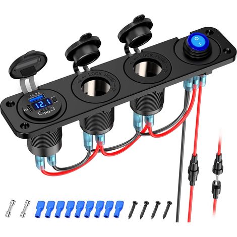 (4 en 1) Panneau Prise USB C Allume Cigarette 12V 24V: 78W 3 Ports PD 30W et QC 3.0 12 Volt avec Voltmètre, Double Prise Allume-Cigare 150 W avec Interrupteur à Bascule Étanche pour Bateau,Van (1/5)