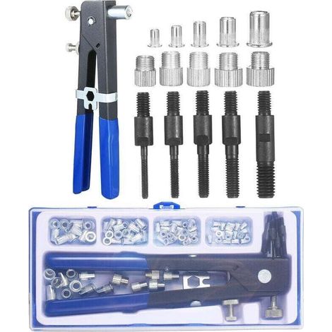 86PCS Kit d'outils pour écrous à rivets Set d'écrous à rivets aveugles Clé à riveter à main Outil d'insertion fileté Pistolet à écrous à rivets avec assortiment d'écrous à rivets métriques M3 M4 M5 M6 (1/5)