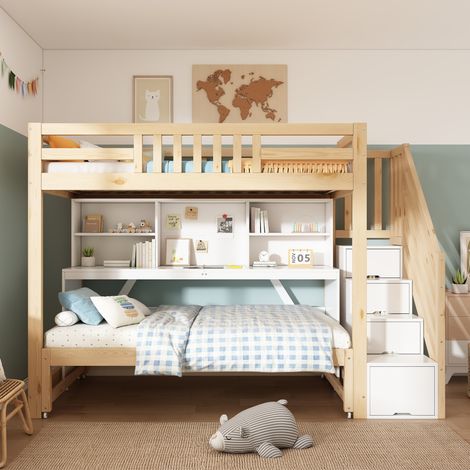 Litera 90/200 + 90/190 cm blanca y roble, con cama nido, escritorio y almacenaje (1/5)