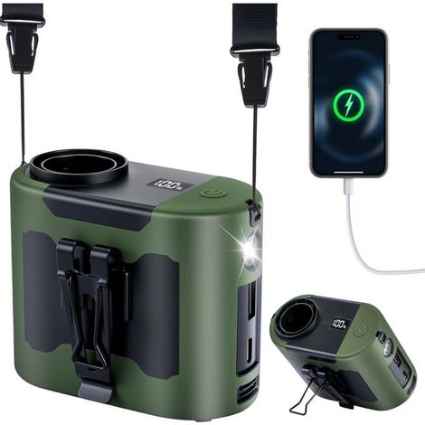 HONORNIC - Ventilateur portable 10 000 mAh, autonomie 40 h, 5 vitesses, 16 000 tr/min, avec lumière LED et ventilateur de cou à main (vert) (1/5)