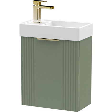 Green 400mm Wall Hung Cloakroom Vanity Basin Unit with Brushed Brass Handle Compact Bathroom Storage (1/4)