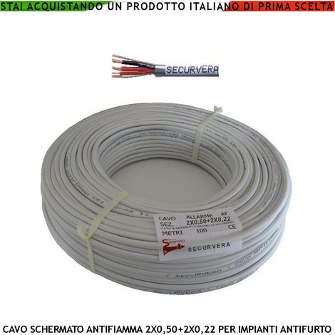 Cavo Flessibile Antifurto Schermato 2X0,50+2X0,22 mm² Guaina PVC Bianco Prot. Alluminio/Poliestere Drenaggio Conduttori Fili 7 Ø 0,19 mm Twistato Per Impianti di Allarme Antifurto Norma CEI 20/22-III (1/2)