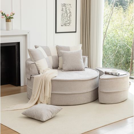 Fauteuil rond 163x121x66 cm en tissu chenille gris, modulable avec ottomane pour salon FloraGrace (1/5)