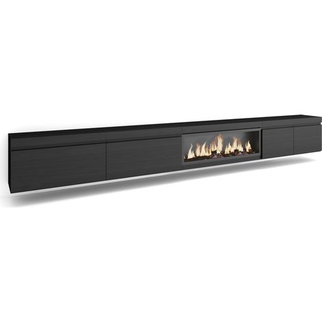 Skraut Home - Meuble TV, Banc Télé, Grand espace de Rangement, 368x45x35, Cheminée électrique XXL, Suspendu, Mural, Style moderne, Noir (1/5)