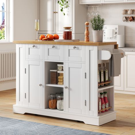Table de cuisine mobile 132 cm style campagne, plan de travail rabattable, meuble multifonction avec tiroir, étagère à épices, porte-serviettes, 5 roulettes et prise intégrée, pour cuisine