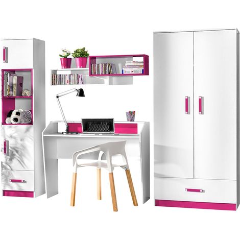 Chambre enfant complète Sorviru 106, Blanc + Rose