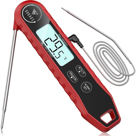 Thermometre Cuisine Double Sonde Pliable, Lecture Instantanee 3s, Sonde 100cm Alarme Temperature, Thermometres a cadran Numerique Viande Four BBQ Fumoir (Rouge) (1/5)
