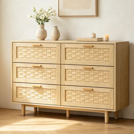 Cómoda de 6 cajones - Armario de almacenamiento - 115 cm - Mimbre color roble - Estilo moderno