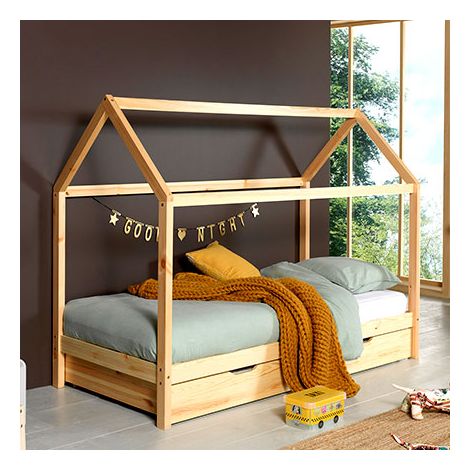 Lit cabane 90x200 cm avec tiroir en pin naturel - STANY