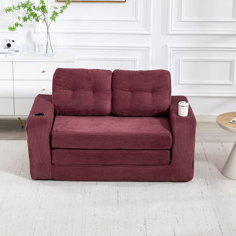 Divano modulare 136x80x82.5 cm rosso vino in velluto a coste con portabicchieri e tasche laterali (1/5)