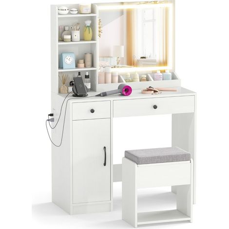 Coiffeuse avec miroir éclairé LED, set de coiffeuse avec tabouret avec espace de rangement, couleurs d'éclairage réglables, prises - blanc