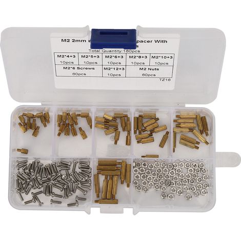 180-teiliges Abstandshalter-Set, 1-Wege-Schraubmuttern aus Kohlenstoffstahl, Befestigungselemente, Sortiment mit Box, M2 (1/5)