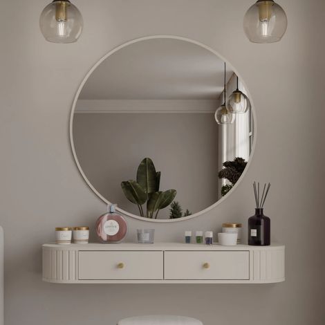 AX LIVING Schminktisch Halay Beige 2 Schubladen mit runden Kanten + Rund Spiegel 100 cm