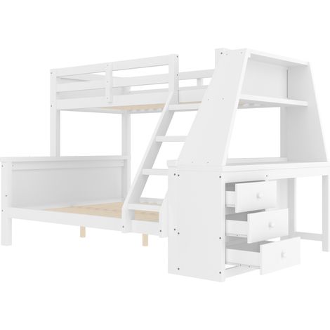 Letto a castello per bambini 90x200 + 140x200 con scrivania, vani e scala, bianco (1/5)