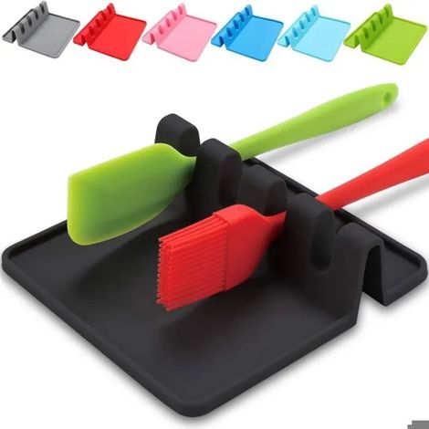Repose-cuillère, support ustensiles cuisine en silicone avec égouttoir, pour louche, spatule, couverts, noir. (1/5)